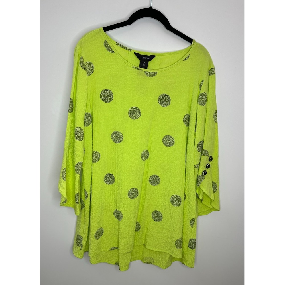 Ali Miles Neon Green Polka Dot Crinkle Textured 3/4 Bell Sleeve Tunic Top Medium - Picture 4 of 14
